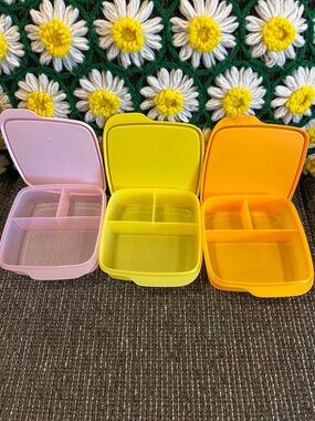Tupperware Pink, Yellow & Orange Plastic Compartment Snack Boxes